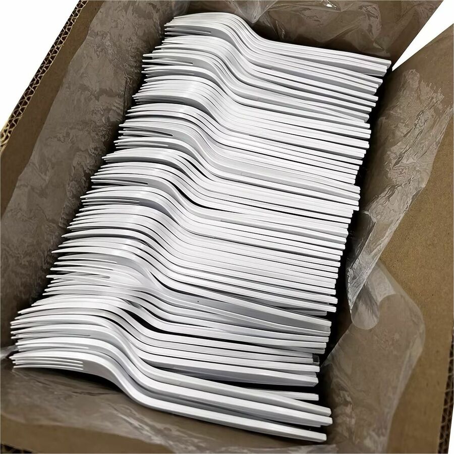 Image of Genuine Joe 30415 Heavy-Weight Polypropylene Cutlery, Fork, Fork, Food, Cafeteria, Disposable, Polypropylene, White, 1 Carton