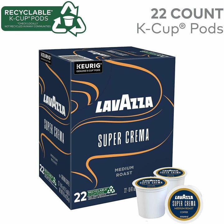 Image of Lavazza 0911 Super Crema K-Cup Coffee Pods, Compatible with Keurig Brewer, Medium, 0.4 oz, K-Cup, Pod, Ground, Super Crema, Kosher, 22 / Box