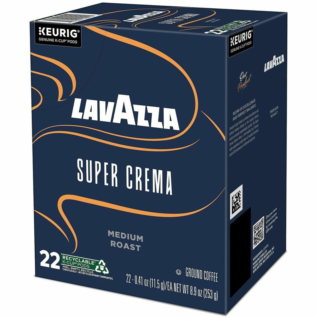 Image of Lavazza 0911 Super Crema K-Cup Coffee Pods, Compatible with Keurig Brewer, Medium, 0.4 oz, K-Cup, Pod, Ground, Super Crema, Kosher, 22 / Box