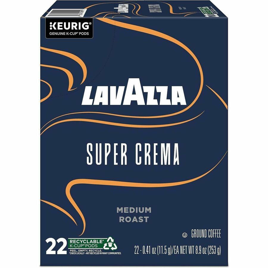 Image of Lavazza 0911 Super Crema K-Cup Coffee Pods, Compatible with Keurig Brewer, Medium, 0.4 oz, K-Cup, Pod, Ground, Super Crema, Kosher, 22 / Box