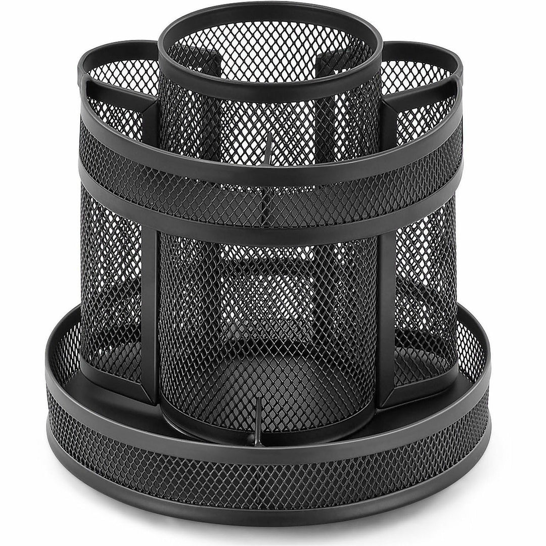 Image of Lorell 84137 Multi-Compartment Rotating Desk Organizer, Rotate, Rubber Grip, Durable, Black, Rubber, Mesh, Metal, 1 Each