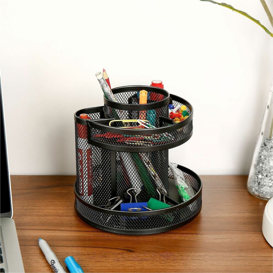 Image of Lorell 84137 Multi-Compartment Rotating Desk Organizer, Rotate, Rubber Grip, Durable, Black, Rubber, Mesh, Metal, 1 Each