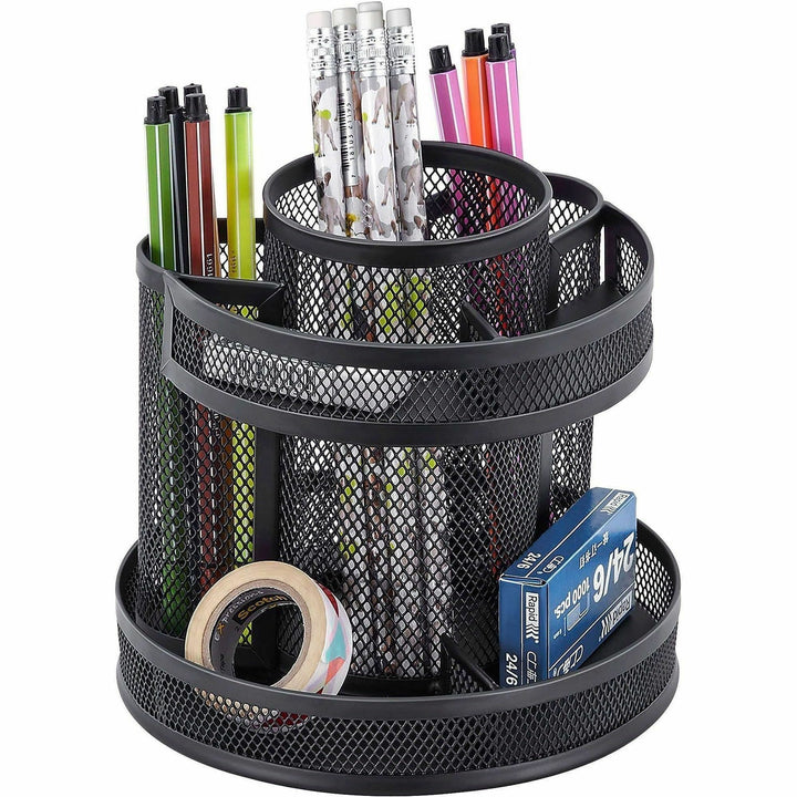 Image of Lorell 84137CT Multi-Compartment Rotating Desk Organizer, Rotate, Rubber Grip, Durable, Black, Rubber, Mesh, Metal, 2 / Carton