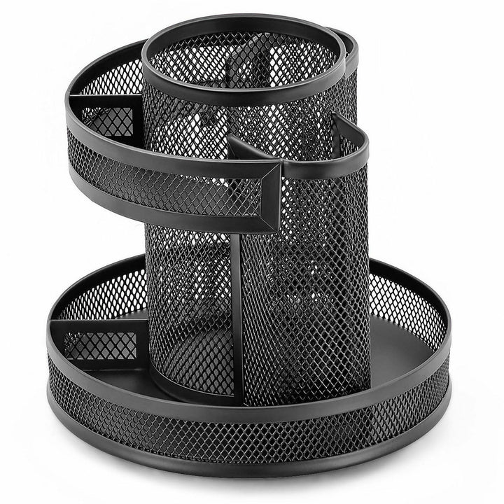 Image of Lorell 84137CT Multi-Compartment Rotating Desk Organizer, Rotate, Rubber Grip, Durable, Black, Rubber, Mesh, Metal, 2 / Carton