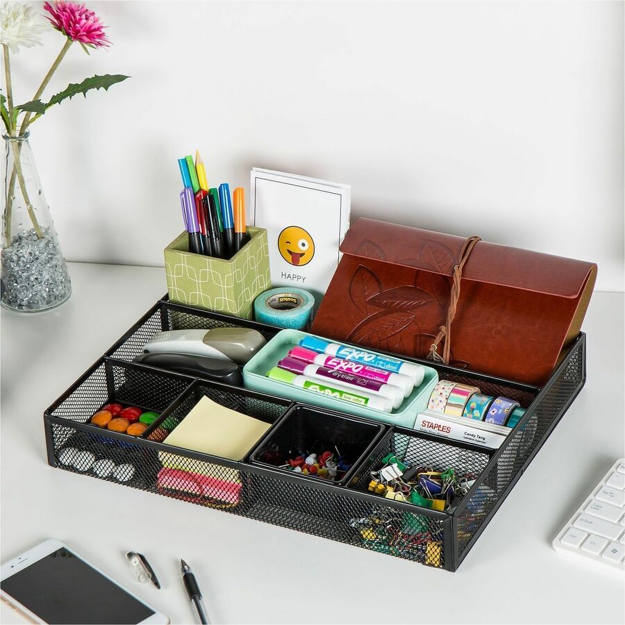 Image of Lorell 84136CT Multi-Compartment Mesh Drawer Organizer, 6 Compartment(s), Durable, Black, Metal, Mesh, 4 / Carton