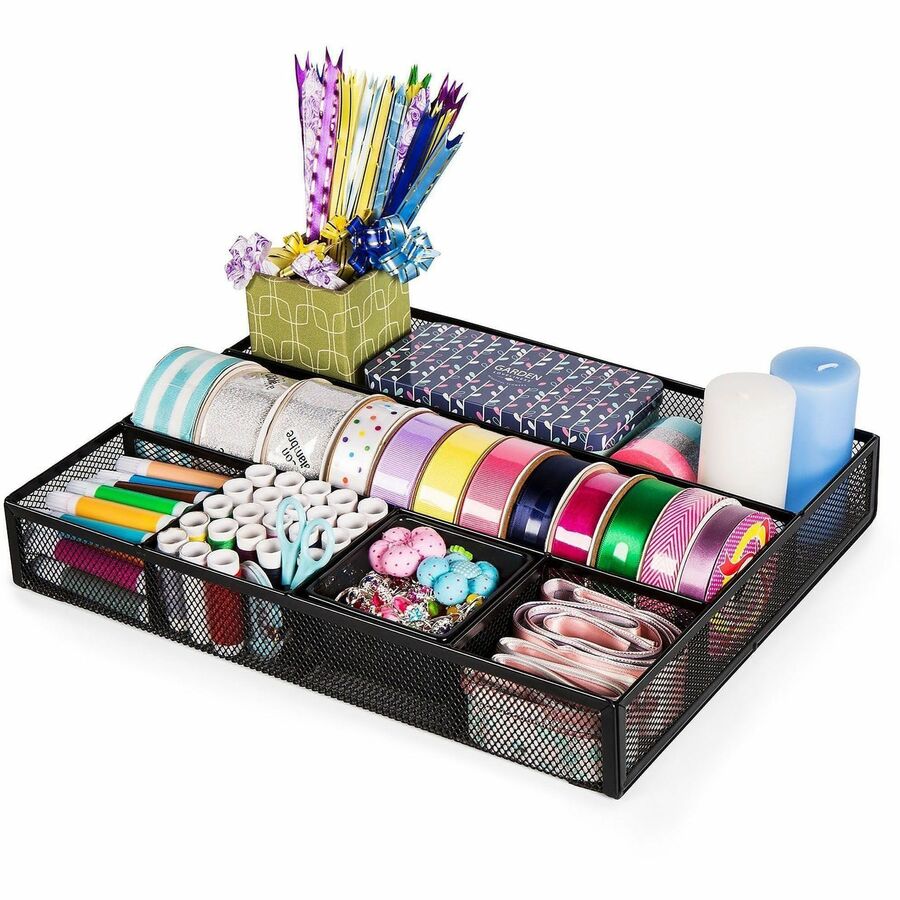 Image of Lorell 84136CT Multi-Compartment Mesh Drawer Organizer, 6 Compartment(s), Durable, Black, Metal, Mesh, 4 / Carton