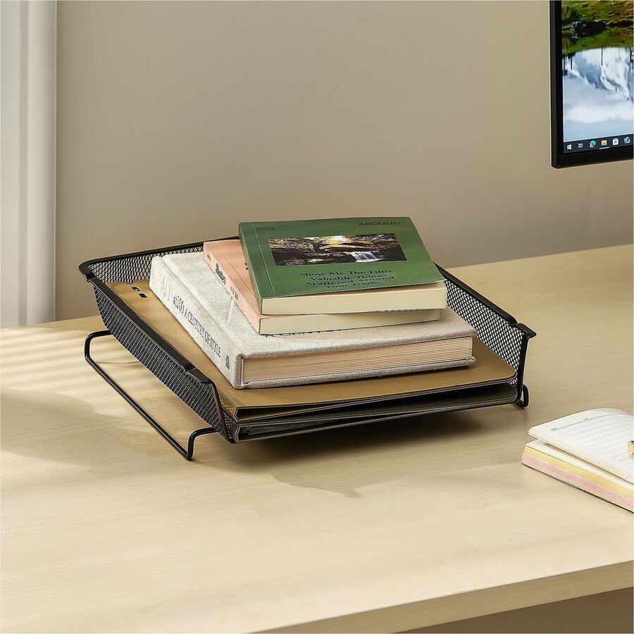 Image of Lorell 84134CT Mesh Desktop Organizer Tray, Stackable, Stackable, Durable, Black, Mesh, Metal, 4 / Carton