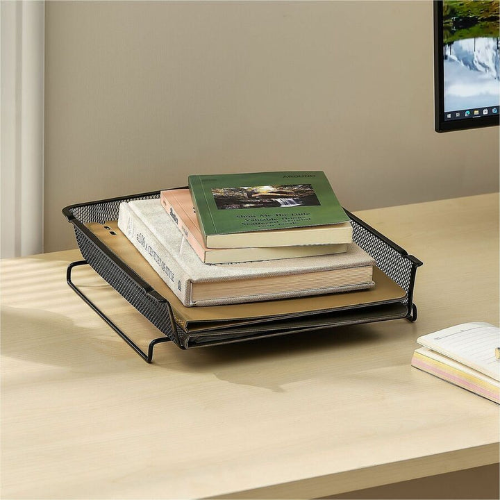 Image of Lorell 84134CT Mesh Desktop Organizer Tray, Stackable, Stackable, Durable, Black, Mesh, Metal, 4 / Carton