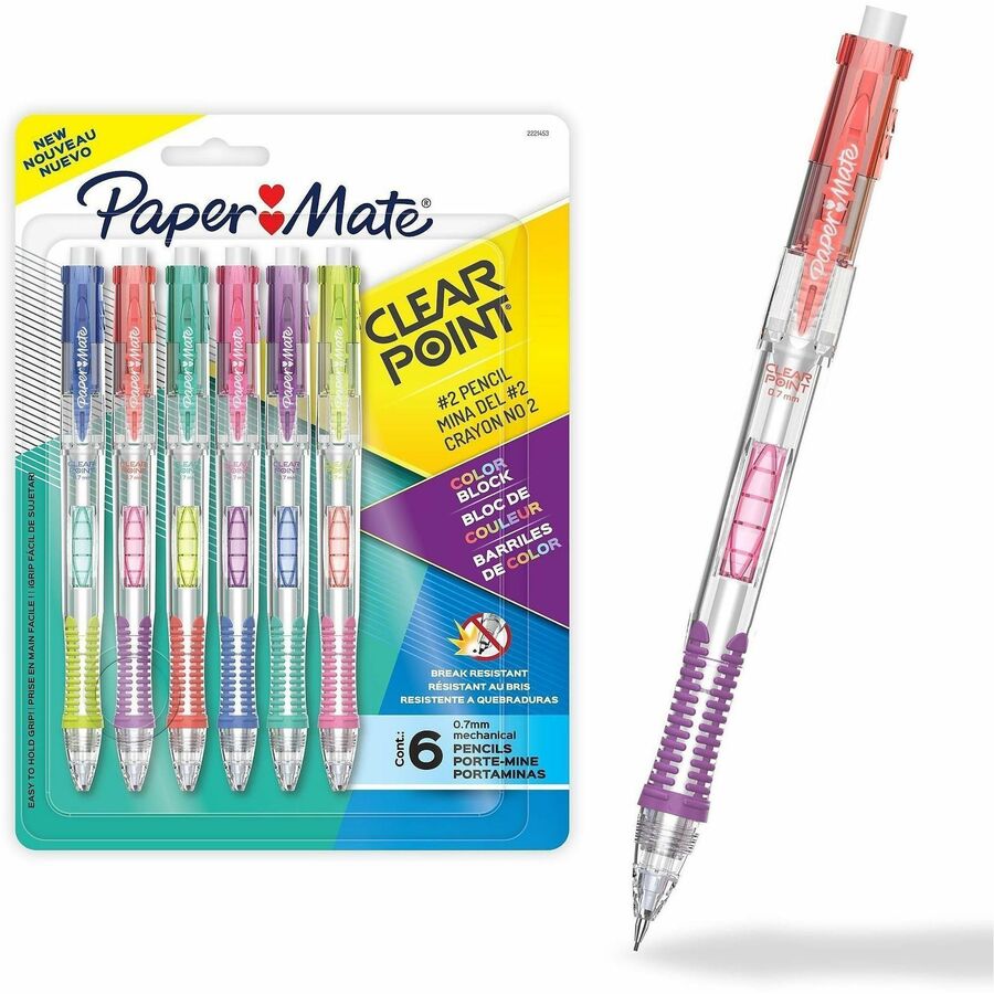 Image of Paper Mate 2221453 Clearpoint #2 Mechanical Pencils, 0.7 mm Lead, HB/#2, Color Block Barrel, 6 / Pack