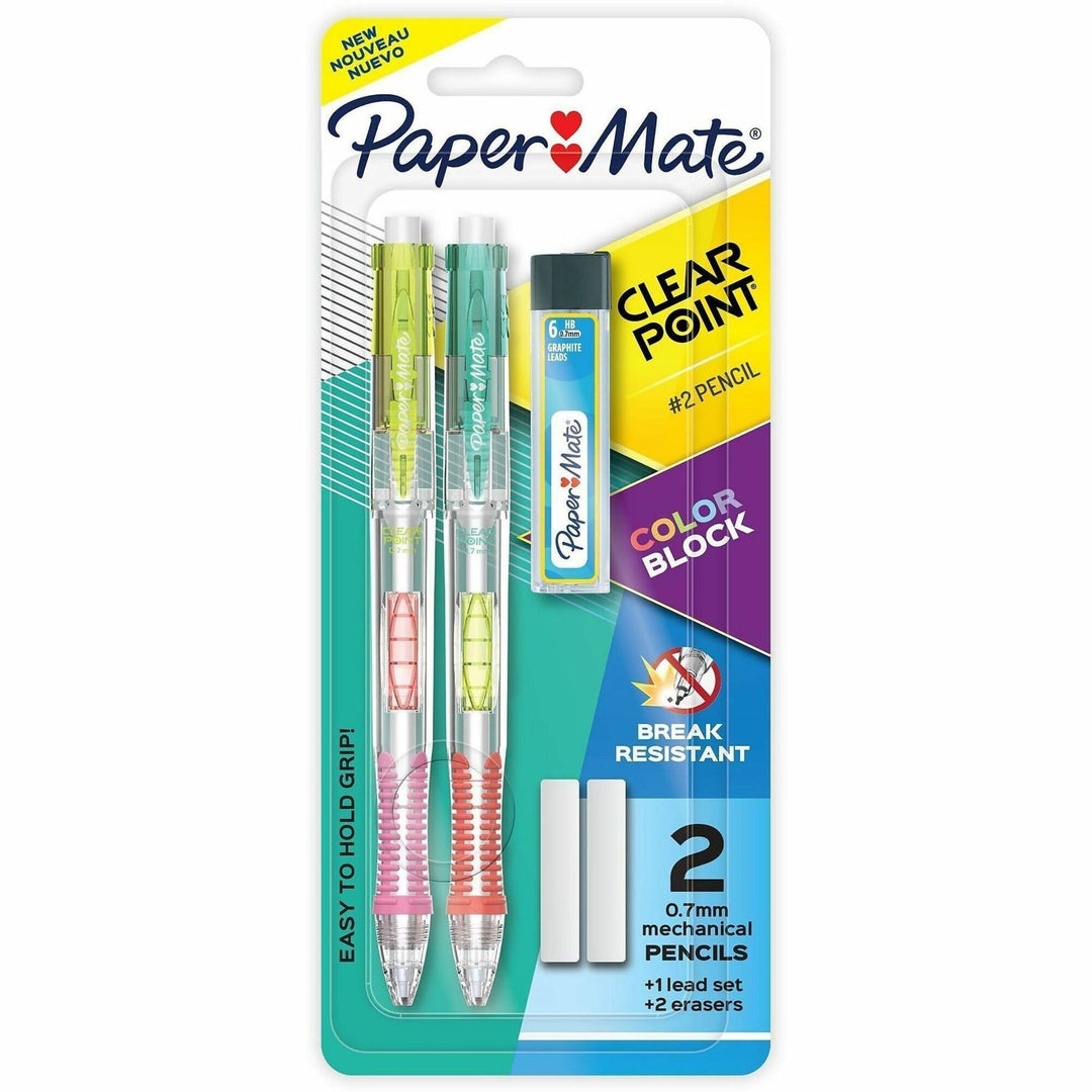 Image of Paper Mate 2221452 Clearpoint #2 Mechanical Pencils, 0.7 mm Graphite Lead, HB/#2, Color Block 2 Barrel, 2 / Pack