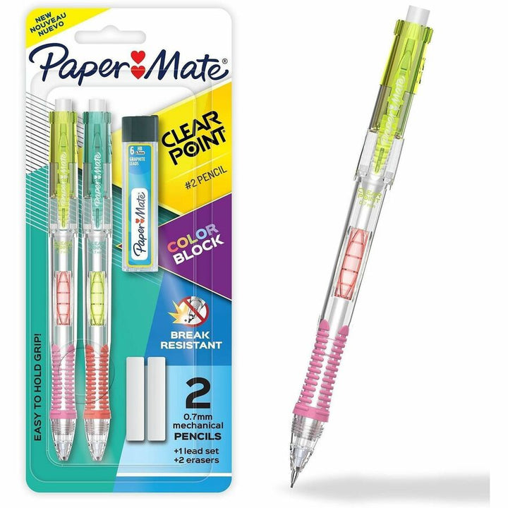 Image of Paper Mate 2221452 Clearpoint #2 Mechanical Pencils, 0.7 mm Graphite Lead, HB/#2, Color Block 2 Barrel, 2 / Pack