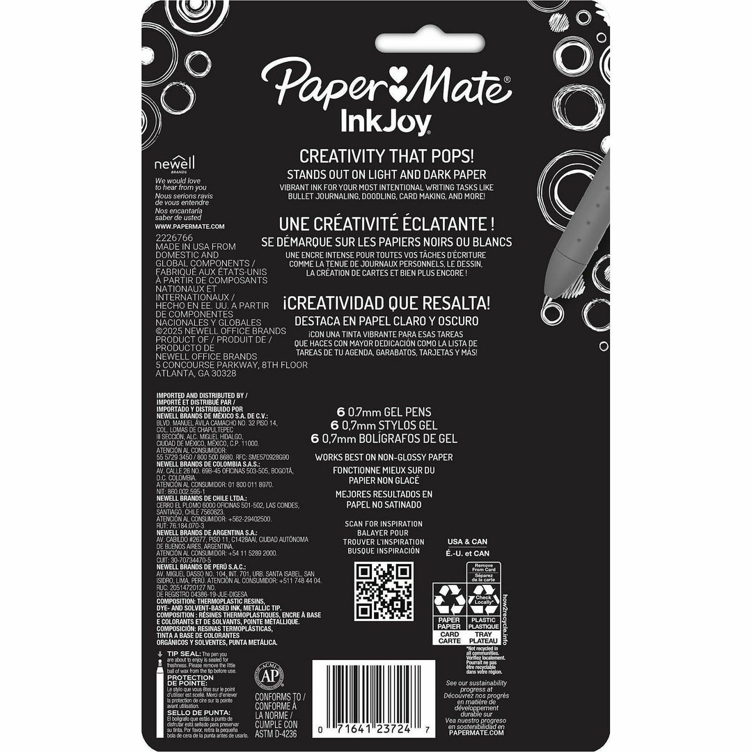 Image of Paper Mate 2226713 InkJoy Gel Pens, 0.7 mm Pen Point, Retractable, Assorted Ink, Gel-based, Writing, Home, Journaling, 6 / Pack