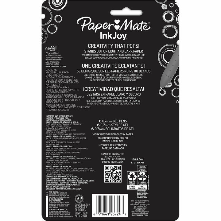Image of Paper Mate 2226713 InkJoy Gel Pens, 0.7 mm Pen Point, Retractable, Assorted Ink, Gel-based, Writing, Home, Journaling, 6 / Pack