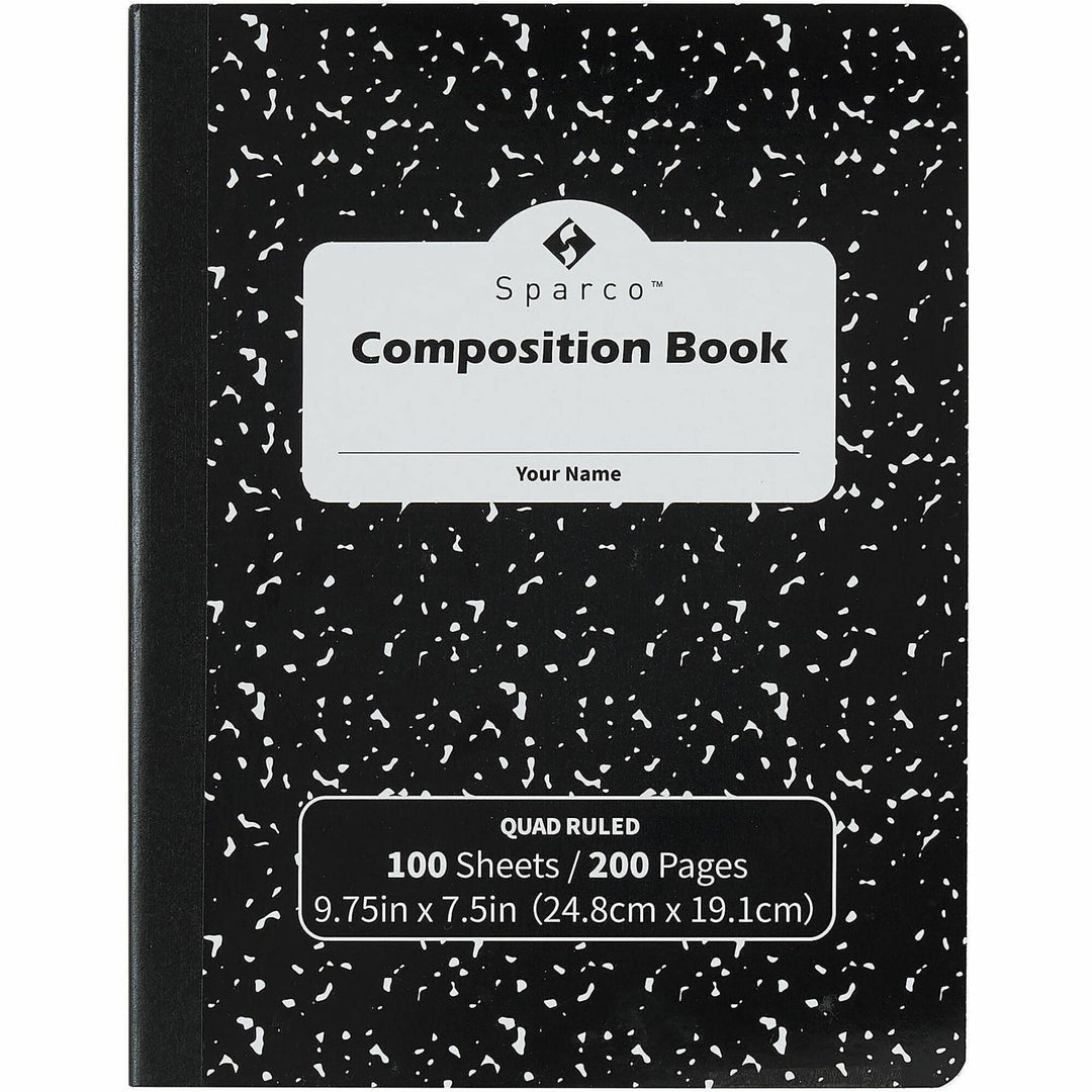 Image of Sparco 20957CT Quadrille-Ruled Composition Notebooks, Sewn, Quad Ruled Front Ruling, Black Cover, Label, Hard Cover, Damage Resistant, 8 / Carton