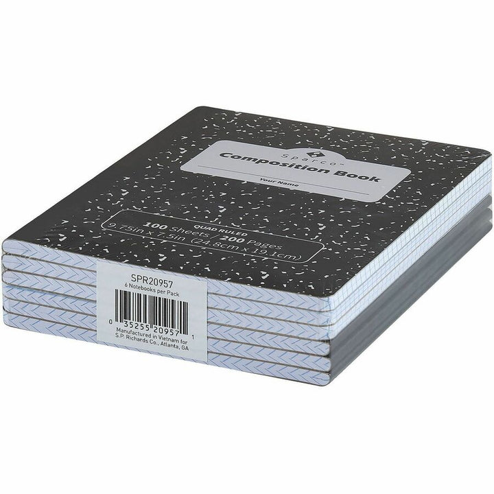 Image of Sparco 20957CT Quadrille-Ruled Composition Notebooks, Sewn, Quad Ruled Front Ruling, Black Cover, Label, Hard Cover, Damage Resistant, 8 / Carton