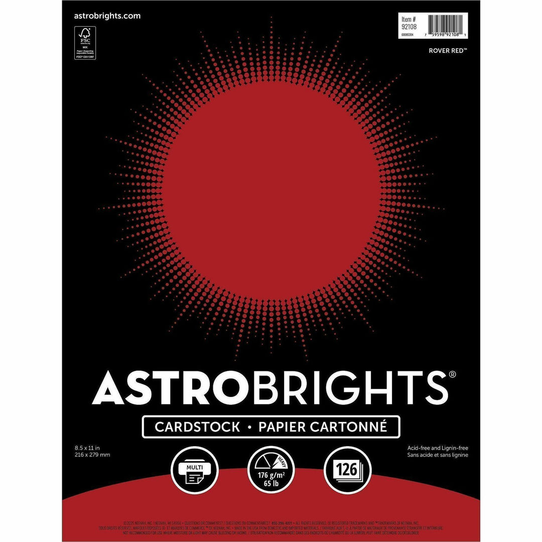 Image of Astrobrights 92108 Colored Cardstock, Letter, 8 1/2" x 11", 65 lb Basis Weight, Acid-free, Lignin-free, Rover Red, 126 / Pack