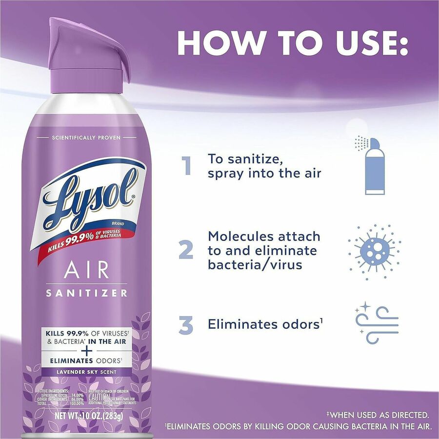 Image of Lysol 56348 Air Sanitizer, Spray, 10 fl oz (0.3 quart), Lavender Sky, Odor Neutralizer, 6 / Carton