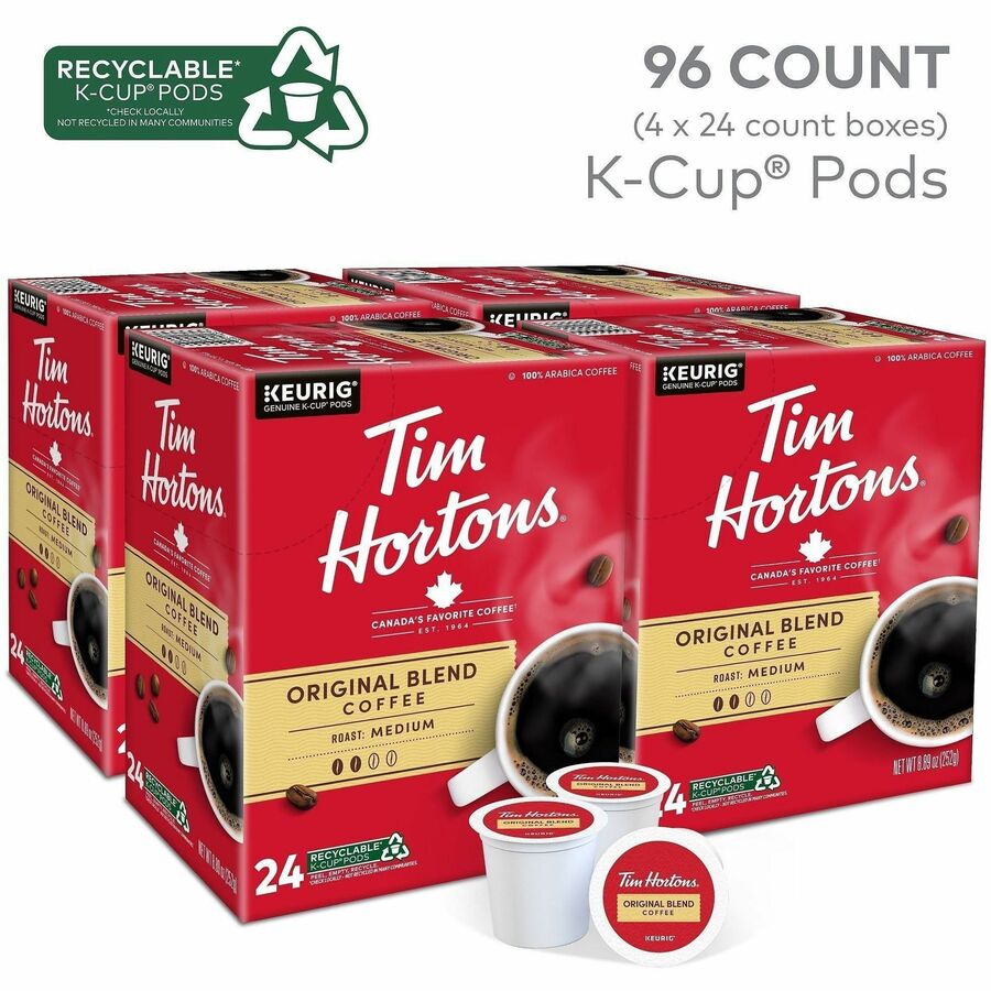 Image of Tim Hortons 1281CT Original Blend K-Cups, Medium, K-Cup, Pod, Original Blend, Kosher, 24 Coffee/Box, 4 / Carton