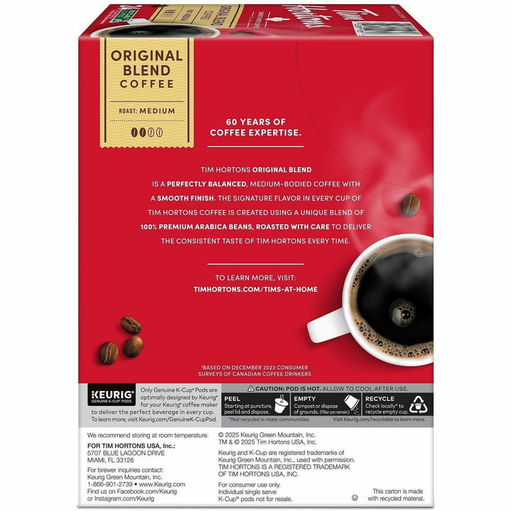 Image of Tim Hortons 1281CT Original Blend K-Cups, Medium, K-Cup, Pod, Original Blend, Kosher, 24 Coffee/Box, 4 / Carton