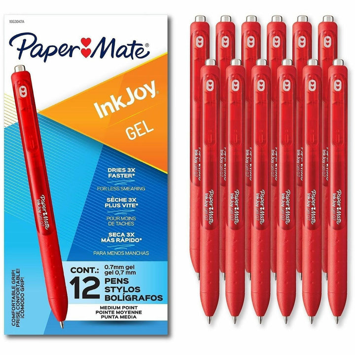 Image of Paper Mate 1953047A InkJoy Gel Pen, 0.7 mm Pen Point, Retractable, Red Ink, Gel-based, Writing, Home, Office, School, 12 / Dozen