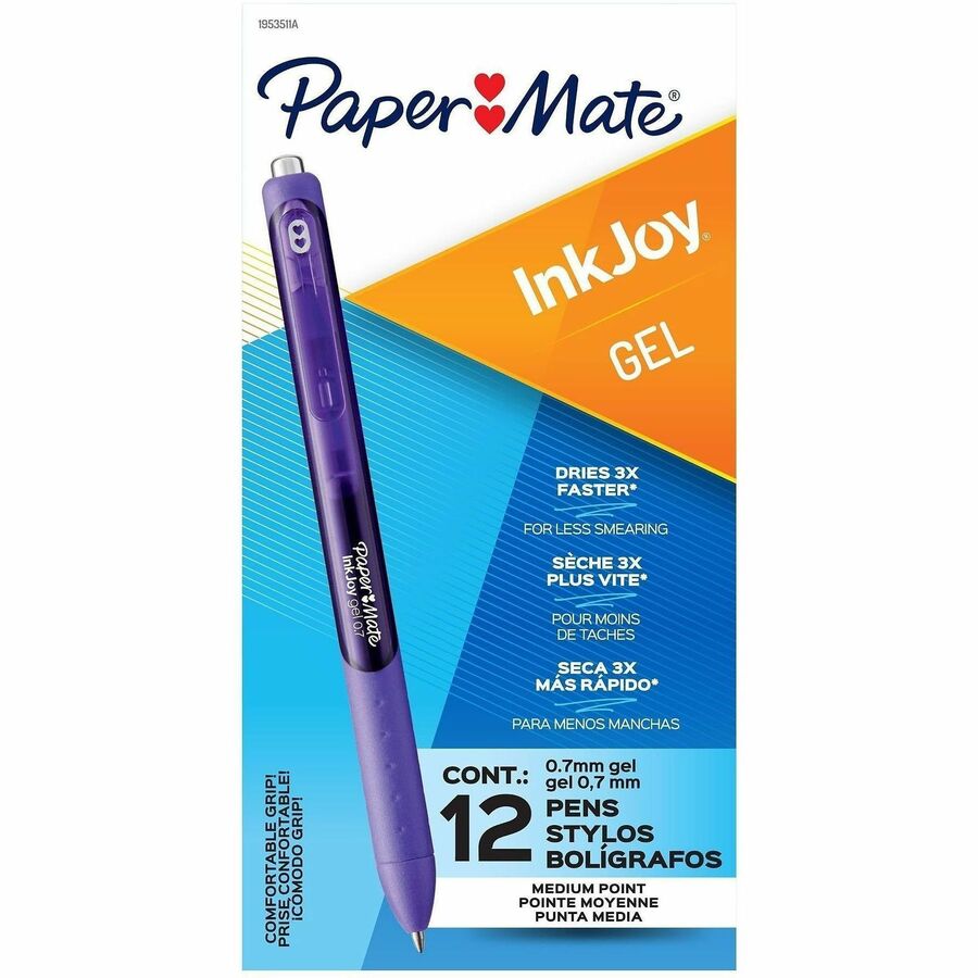 Image of Paper Mate 1953511A InkJoy Gel Pen, 0.7 mm Pen Point, Retractable, Purple Ink, Gel-based, Writing, Home, Office, School, 1 Dozen