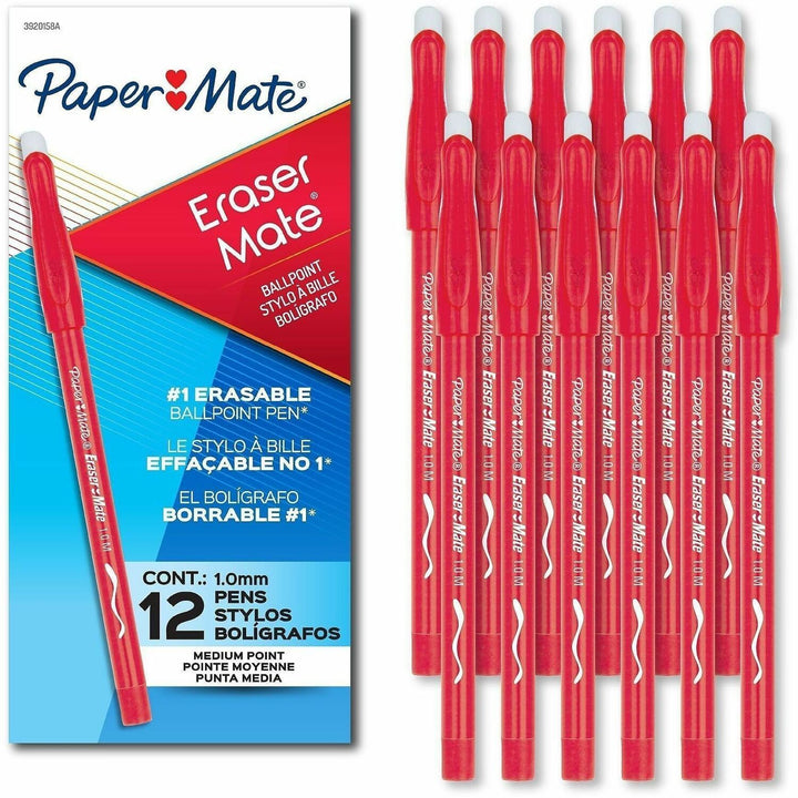 Image of Paper Mate 3920158A EraserMate Ballpoint Pens, 1.0 mm Bold, Medium Pen Point, Erasable, Red Ink, Red Barrel, Writing, 12 / Dozen