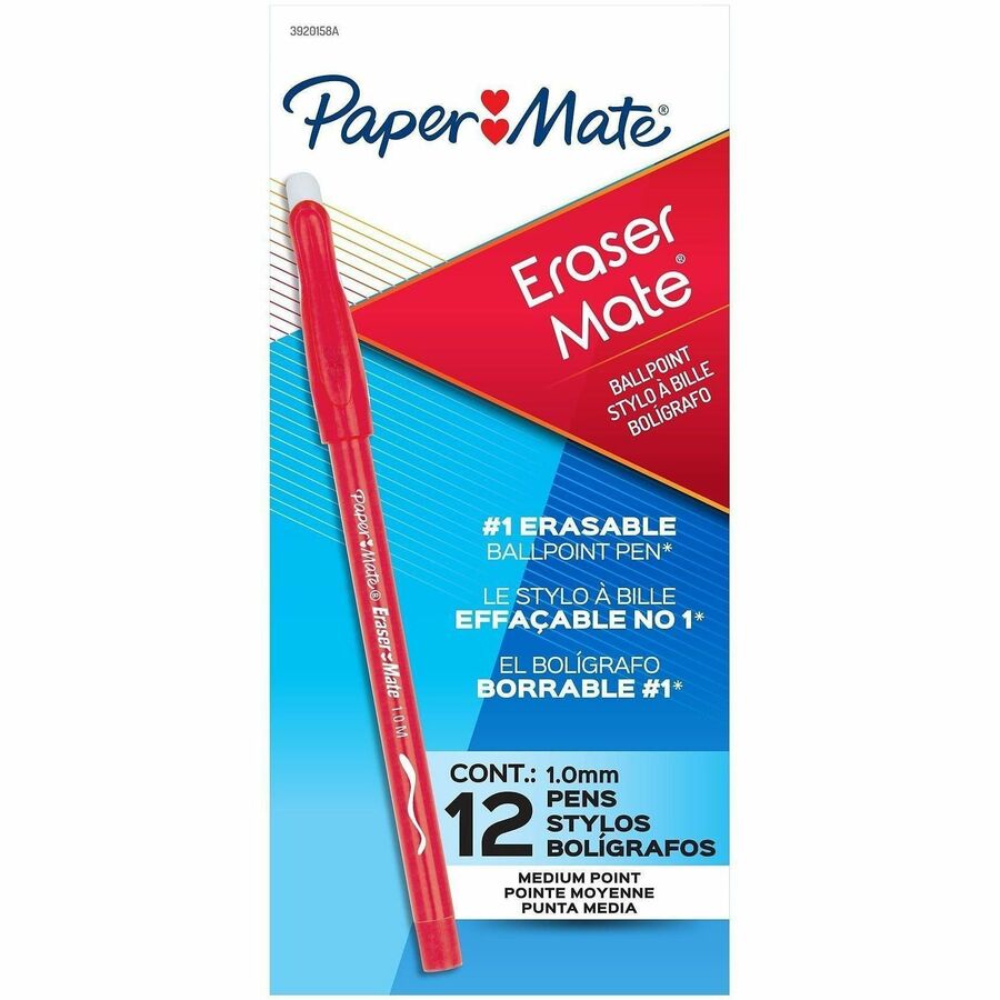 Image of Paper Mate 3920158A EraserMate Ballpoint Pens, 1.0 mm Bold, Medium Pen Point, Erasable, Red Ink, Red Barrel, Writing, 12 / Dozen