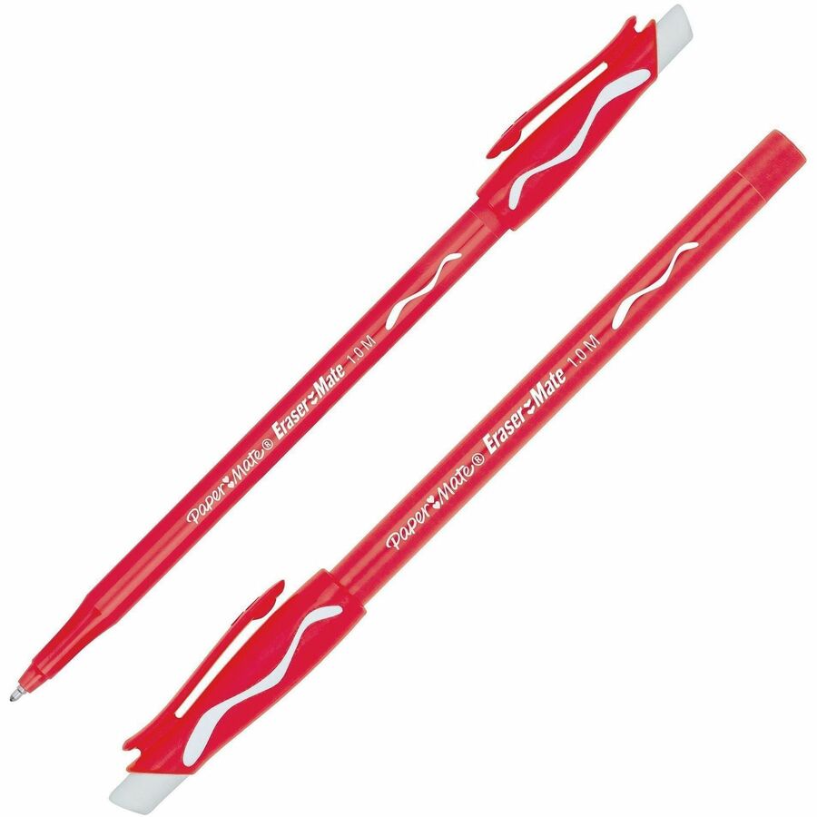 Image of Paper Mate 3920158A EraserMate Ballpoint Pens, 1.0 mm Bold, Medium Pen Point, Erasable, Red Ink, Red Barrel, Writing, 12 / Dozen