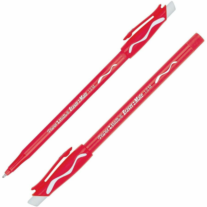 Image of Paper Mate 3920158A EraserMate Ballpoint Pens, 1.0 mm Bold, Medium Pen Point, Erasable, Red Ink, Red Barrel, Writing, 12 / Dozen