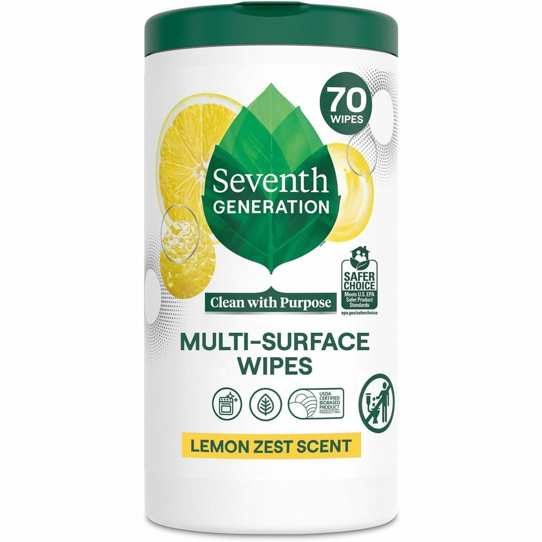 Image of Seventh Generation 44998CT Multipurpose Wipes, For Multipurpose, Wipe, Lemon Zest Scent, Versatile, Bio-based, Clear, 70 Wipes/Tub, 6 / Carton