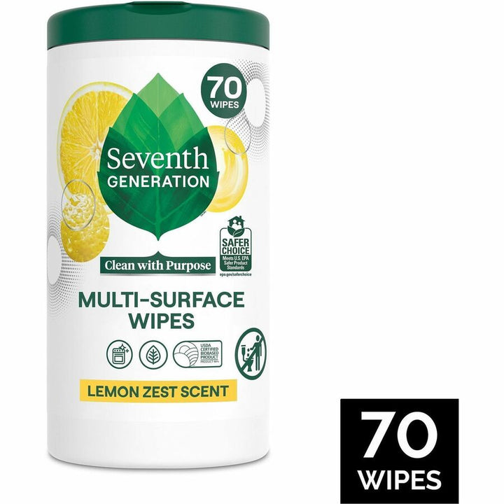 Image of Seventh Generation 44998CT Multipurpose Wipes, For Multipurpose, Wipe, Lemon Zest Scent, Versatile, Bio-based, Clear, 70 Wipes/Tub, 6 / Carton