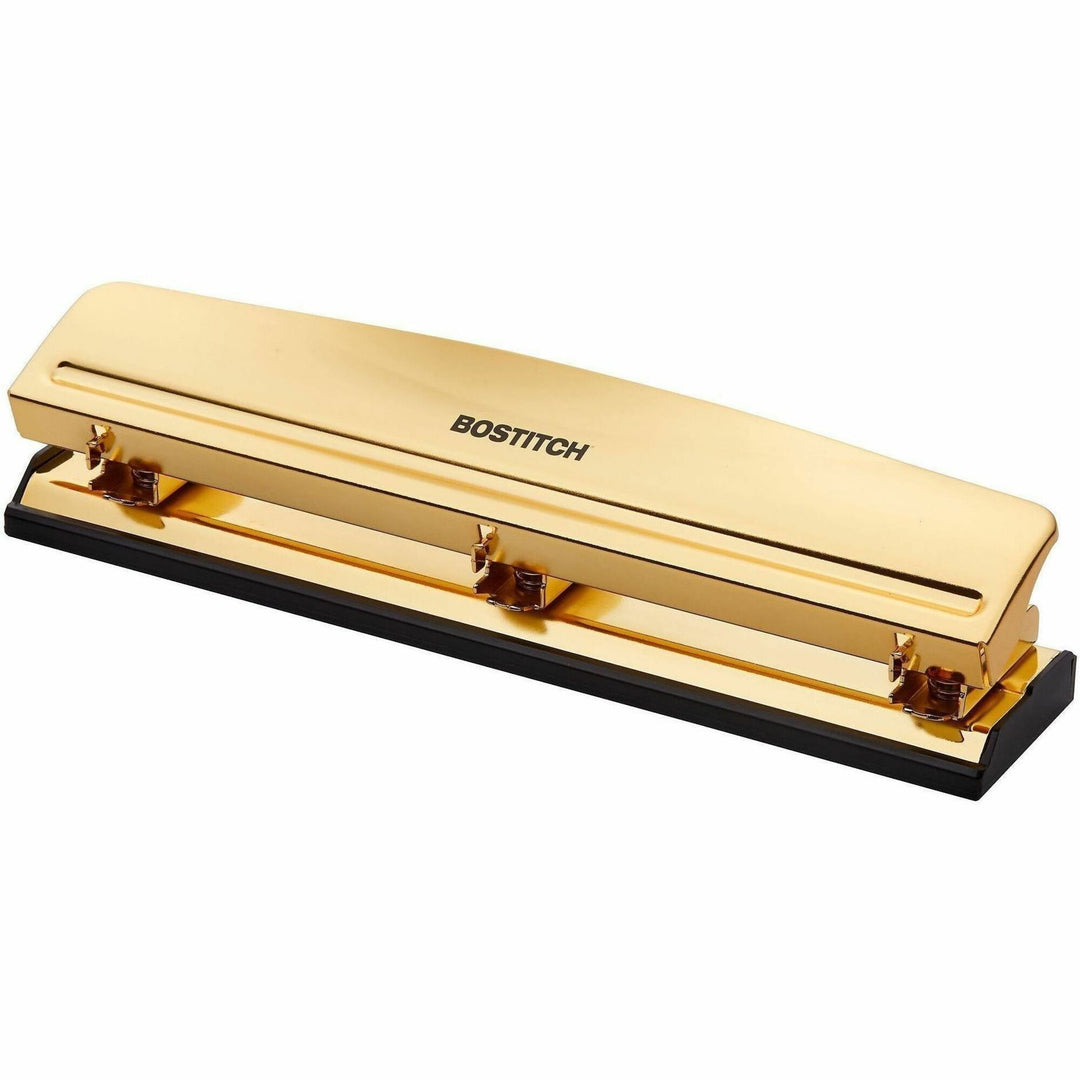 Image of Bostitch HP15GOLD 3-hole Punch, 3 Punch Head(s), 15 Sheet, 9/32" Punch Size, Metal, Rubber, Steel, Gold, 1 Each