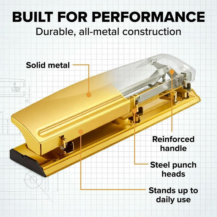 Image of Bostitch HP15GOLD 3-hole Punch, 3 Punch Head(s), 15 Sheet, 9/32" Punch Size, Metal, Rubber, Steel, Gold, 1 Each