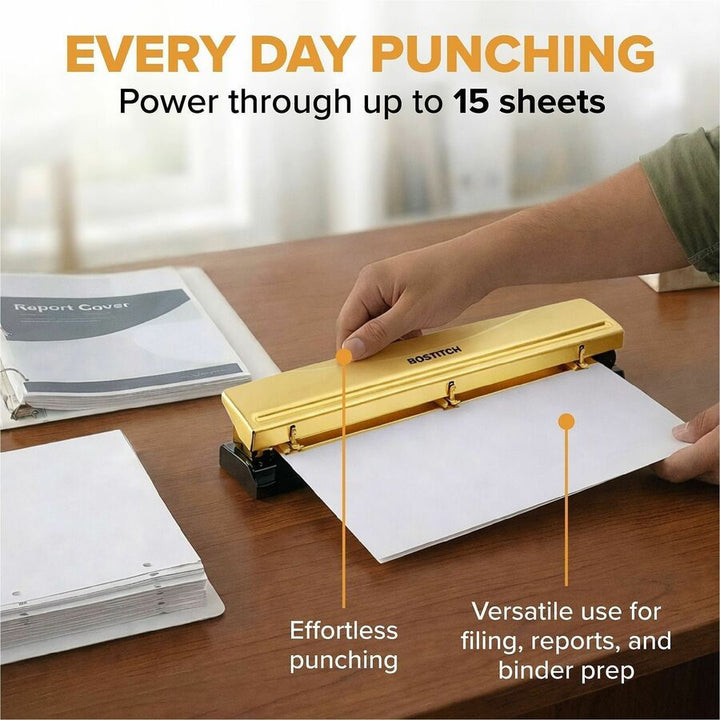 Image of Bostitch HP15GOLD 3-hole Punch, 3 Punch Head(s), 15 Sheet, 9/32" Punch Size, Metal, Rubber, Steel, Gold, 1 Each