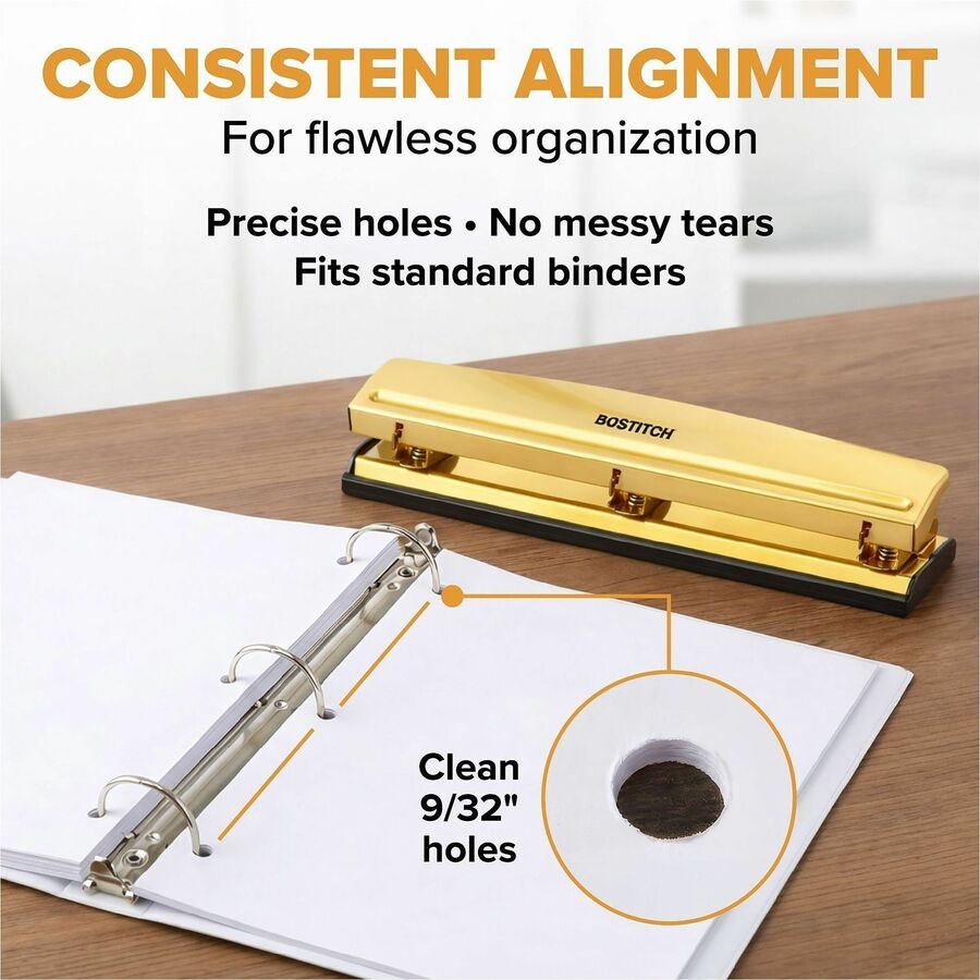 Image of Bostitch HP15GOLD 3-hole Punch, 3 Punch Head(s), 15 Sheet, 9/32" Punch Size, Metal, Rubber, Steel, Gold, 1 Each