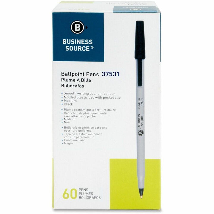 Image of Business Source 37531CT Ballpoint Stick Pens, Medium Pen Point, Black Ink, Tungsten Carbide, Brass Tip, Writing, 8 / Carton