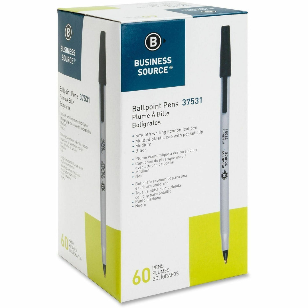 Image of Business Source 37531CT Ballpoint Stick Pens, Medium Pen Point, Black Ink, Tungsten Carbide, Brass Tip, Writing, 8 / Carton