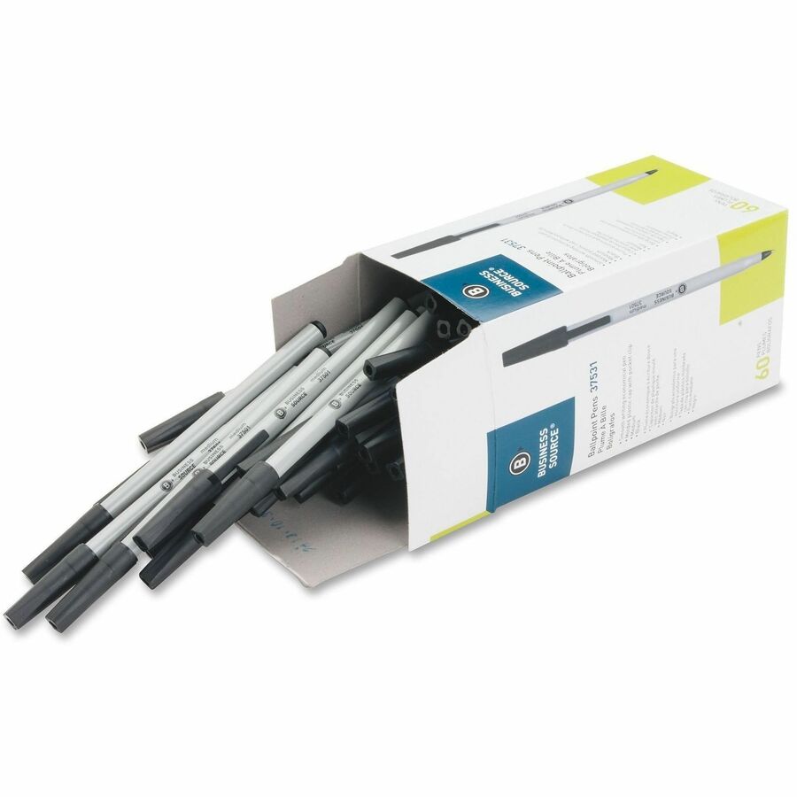 Image of Business Source 37531CT Ballpoint Stick Pens, Medium Pen Point, Black Ink, Tungsten Carbide, Brass Tip, Writing, 8 / Carton