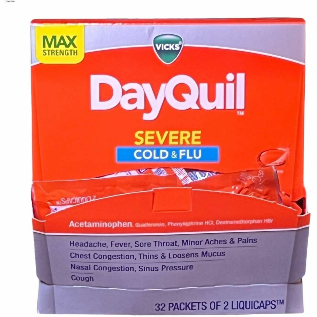 Image of Lil' Drug Store DayQuil 04263 Vicks Severe Cold & Flu Medication, For Cough, Chest Congestion, Fever, Sore Throat, Pain, 32 / Box