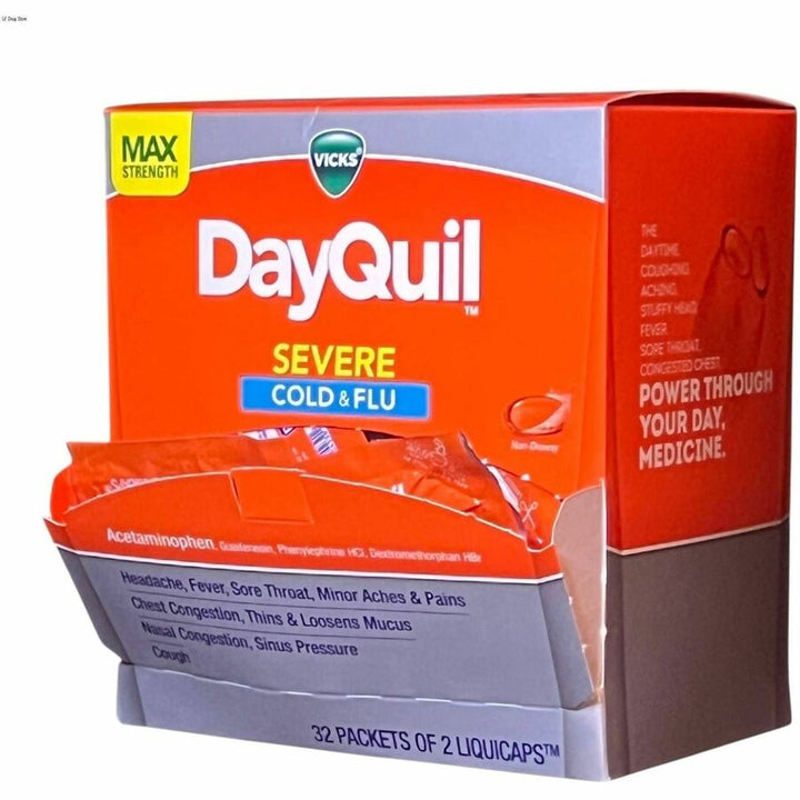 Image of Lil' Drug Store DayQuil 04263 Vicks Severe Cold & Flu Medication, For Cough, Chest Congestion, Fever, Sore Throat, Pain, 32 / Box