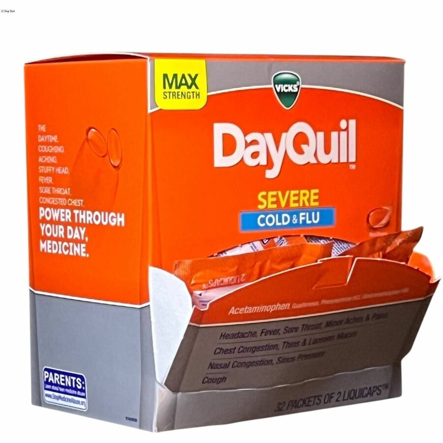 Image of Lil' Drug Store DayQuil 04263 Vicks Severe Cold & Flu Medication, For Cough, Chest Congestion, Fever, Sore Throat, Pain, 32 / Box