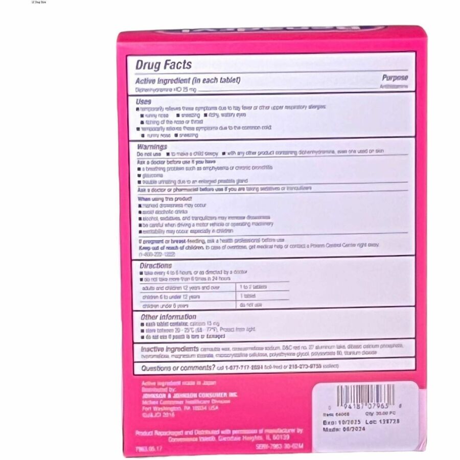 Image of Lil' Drug Store 64068 Benadryl Allergy Relief Medication, For Allergy, Sneezing, Runny Nose, Itchy Eyes, Hives, Motion Sickness, 30 / Box