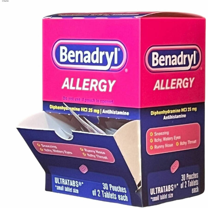 Image of Lil' Drug Store 64068 Benadryl Allergy Relief Medication, For Allergy, Sneezing, Runny Nose, Itchy Eyes, Hives, Motion Sickness, 30 / Box