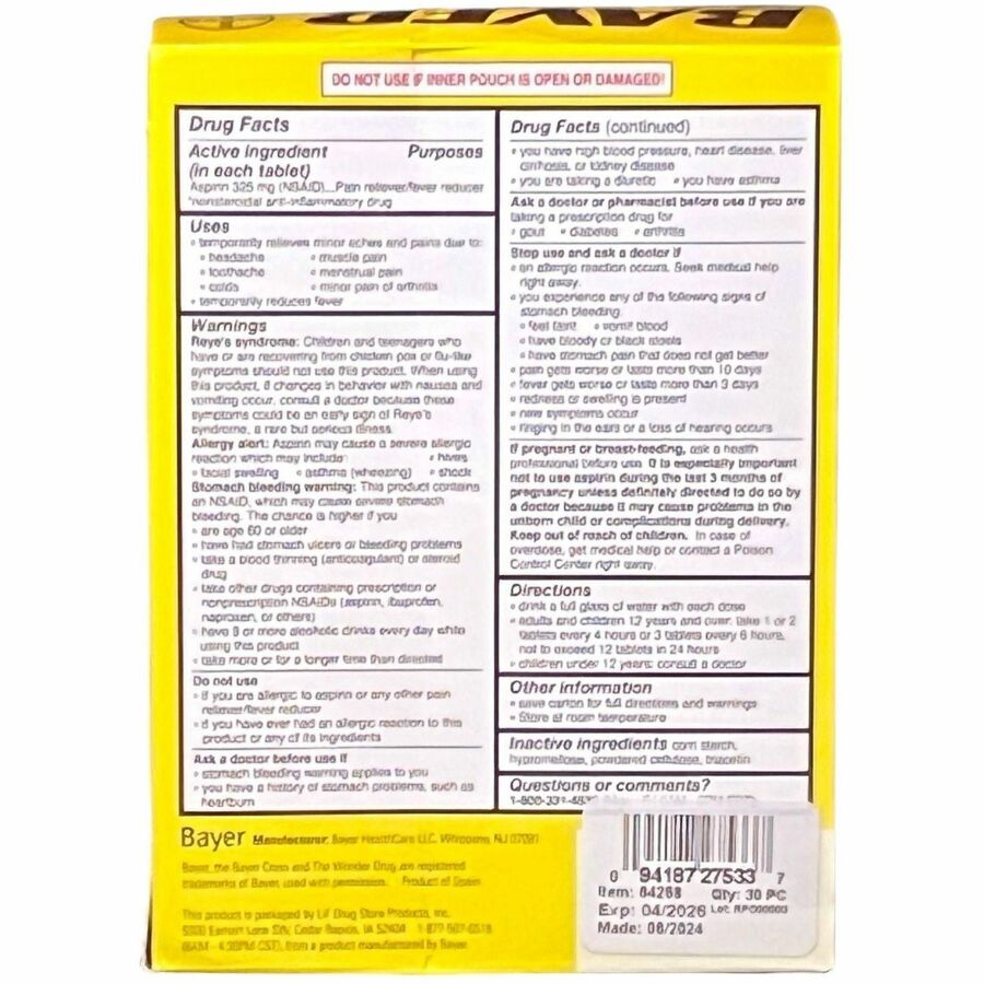 Image of Lil' Drug Store 64268 Bayer Genuine Aspirin, For Pain, Headache, Backache, Muscular Pain, Toothache, Arthritis, Menstrual Cramp, 30 / Box