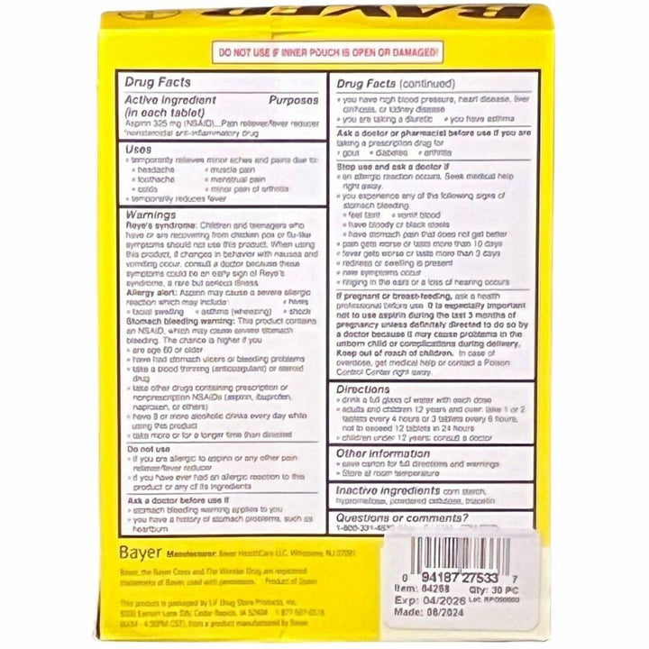 Image of Lil' Drug Store 64268 Bayer Genuine Aspirin, For Pain, Headache, Backache, Muscular Pain, Toothache, Arthritis, Menstrual Cramp, 30 / Box