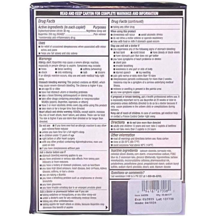 Image of Lil' Drug Store 64338 Advil PM, For Body Ache, Pain, 30 / Box