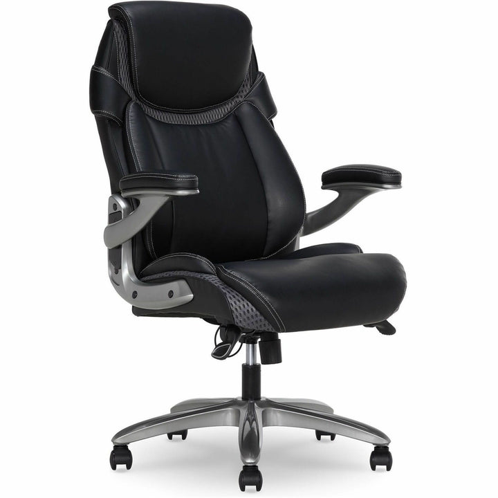 Image of Lorell 47923 Lumbar Foam Executive Chair, 5-star Base, Black, Memory Foam, Bonded Leather, Armrest, 1 Each