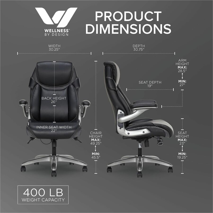 Image of Lorell 47923 Lumbar Foam Executive Chair, 5-star Base, Black, Memory Foam, Bonded Leather, Armrest, 1 Each