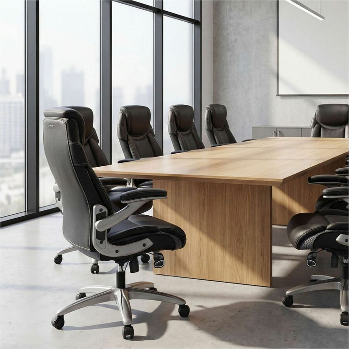Image of Lorell 47923 Lumbar Foam Executive Chair, 5-star Base, Black, Memory Foam, Bonded Leather, Armrest, 1 Each