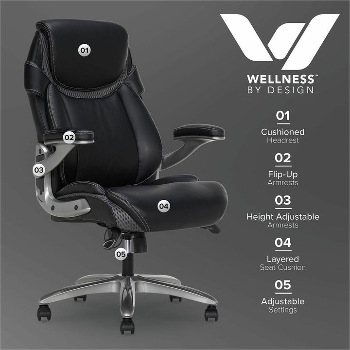 Image of Lorell 47923 Lumbar Foam Executive Chair, 5-star Base, Black, Memory Foam, Bonded Leather, Armrest, 1 Each